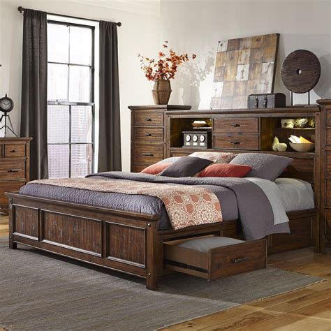 queen bed with storage and bookcase headboard